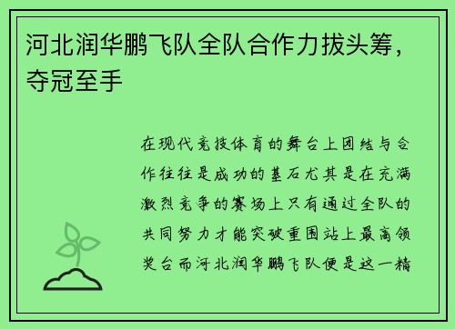 河北润华鹏飞队全队合作力拔头筹，夺冠至手