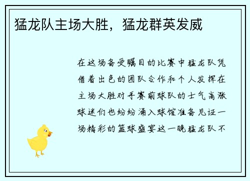 猛龙队主场大胜，猛龙群英发威