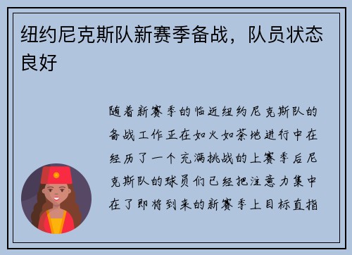 纽约尼克斯队新赛季备战，队员状态良好