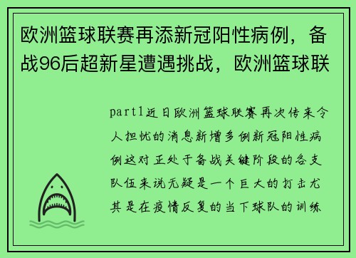 欧洲篮球联赛再添新冠阳性病例，备战96后超新星遭遇挑战，欧洲篮球联防
