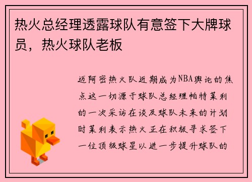 热火总经理透露球队有意签下大牌球员，热火球队老板