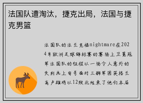 法国队遭淘汰，捷克出局，法国与捷克男篮