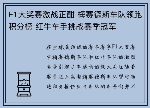F1大奖赛激战正酣 梅赛德斯车队领跑积分榜 红牛车手挑战赛季冠军