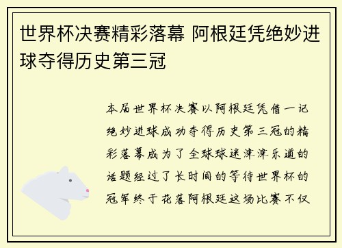 世界杯决赛精彩落幕 阿根廷凭绝妙进球夺得历史第三冠