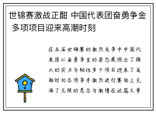 世锦赛激战正酣 中国代表团奋勇争金 多项项目迎来高潮时刻