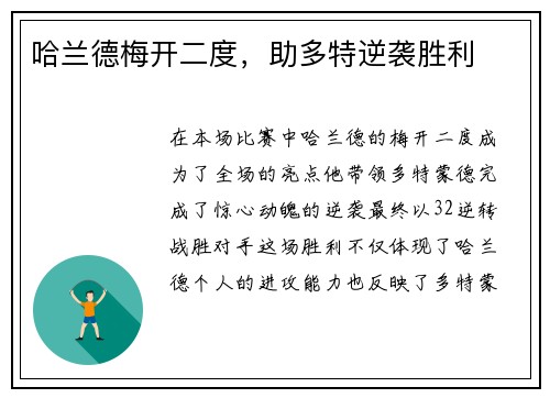 哈兰德梅开二度，助多特逆袭胜利