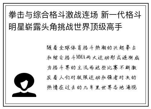 拳击与综合格斗激战连场 新一代格斗明星崭露头角挑战世界顶级高手