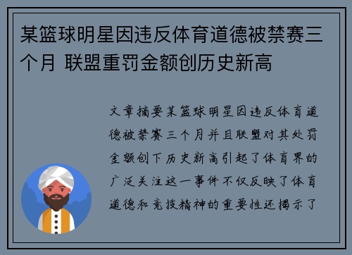 某篮球明星因违反体育道德被禁赛三个月 联盟重罚金额创历史新高